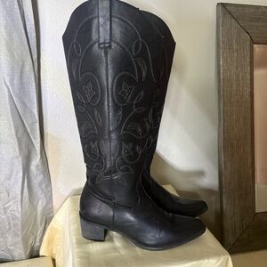 Elegant Black Embroidered Knee High, Heeled Boots